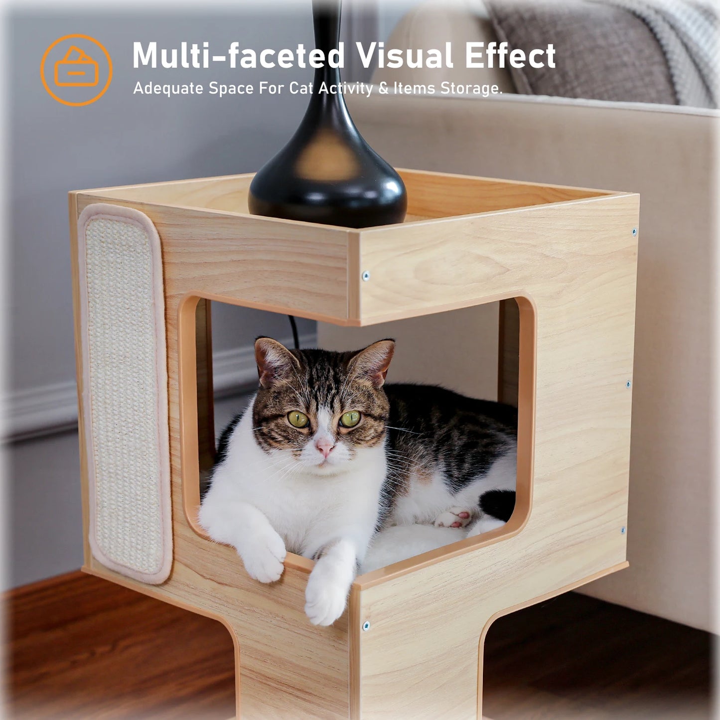 Wood Cat Condo House Bed With Soft Mats And Scratching Pad