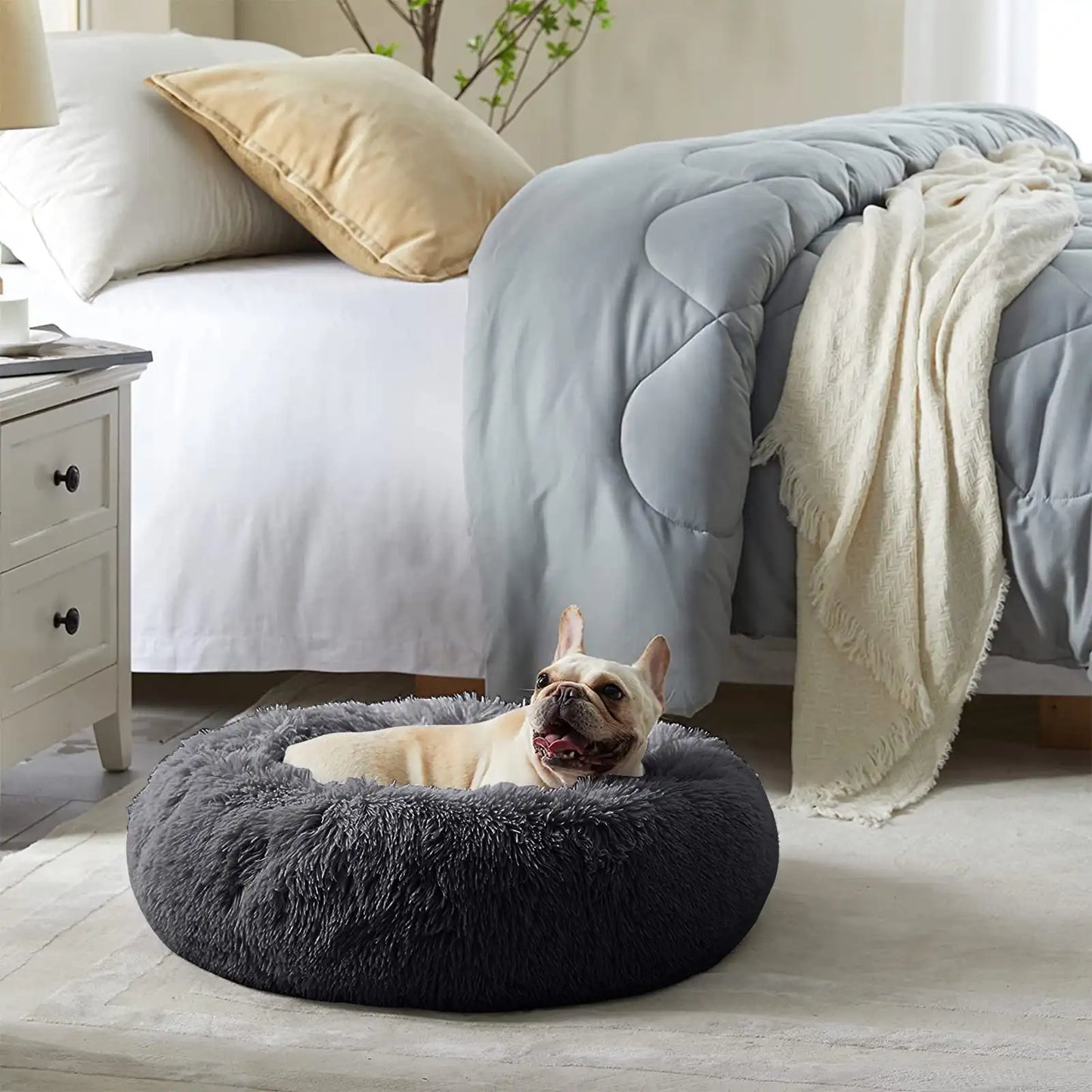 Calming Donut Dog Bed Cozy Plush Self Warming for Home Travel