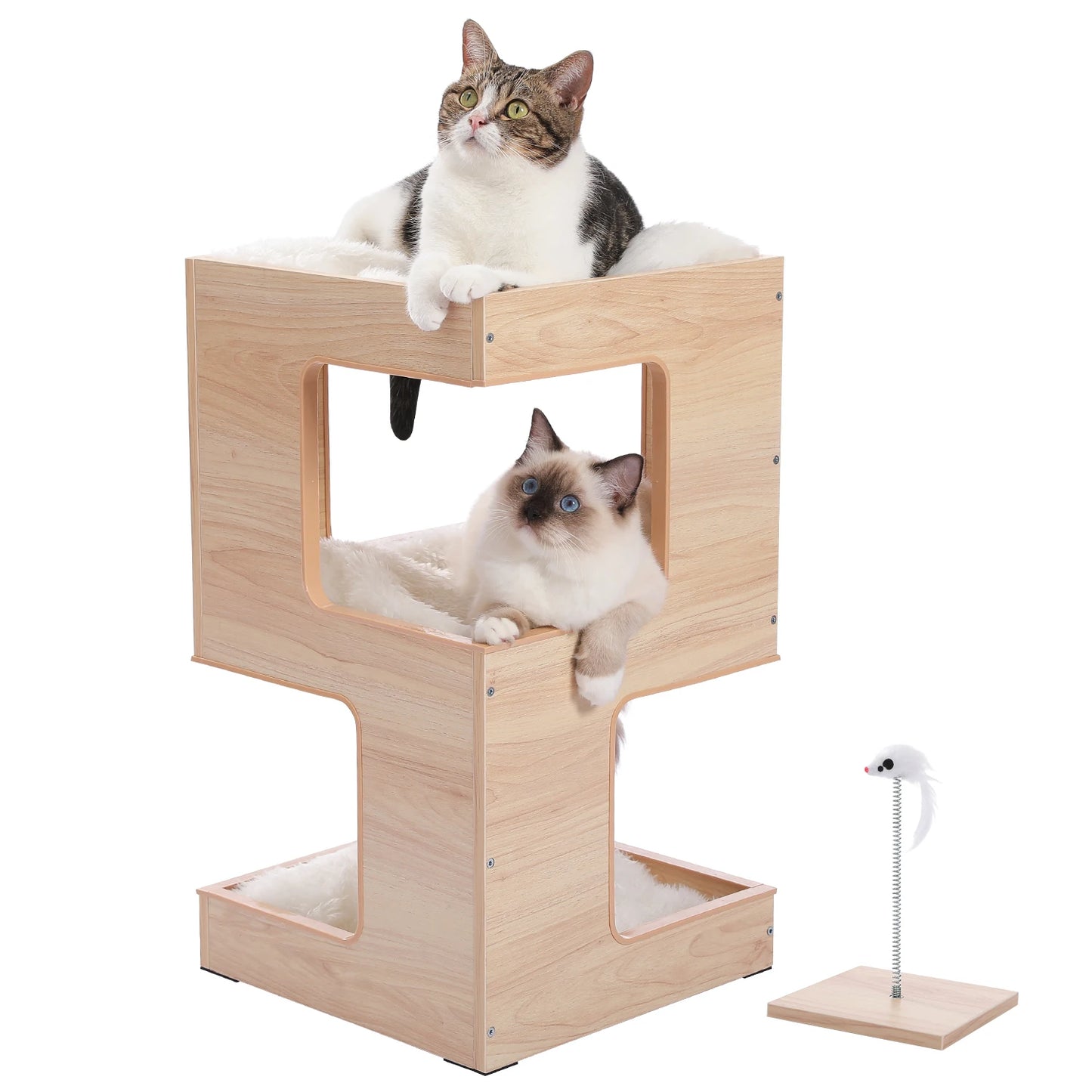Wood Cat Condo House Bed With Soft Mats And Scratching Pad