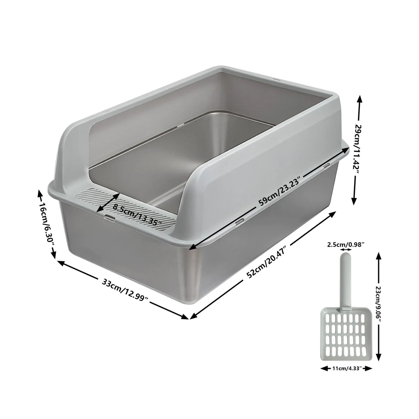 Large Stainless Steel Cat Litter Box High Sided With Spoon