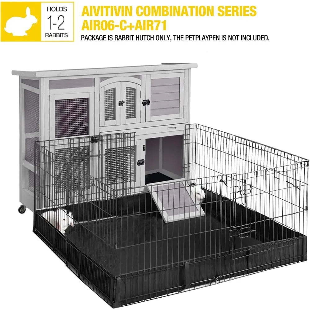 47" Two Story Rabbit Hutch Bunny Cage with Wheels, Indoor Outdoor Guinea Pig Cage with 2 Deep No Leak Tray
