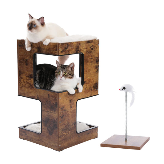 Wood Cat Condo House Bed With Soft Mats And Scratching Pad
