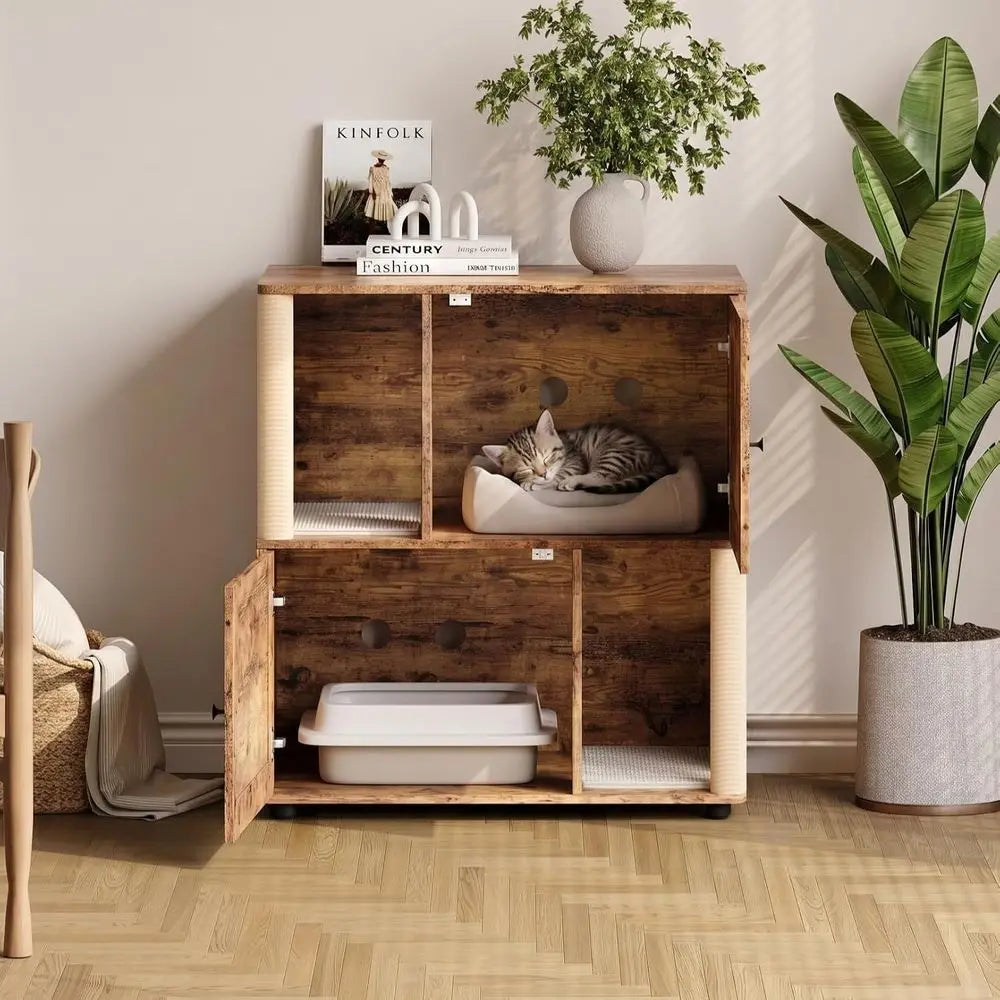 Dual Compartment Cat Litter Cabinet Odor Controlled