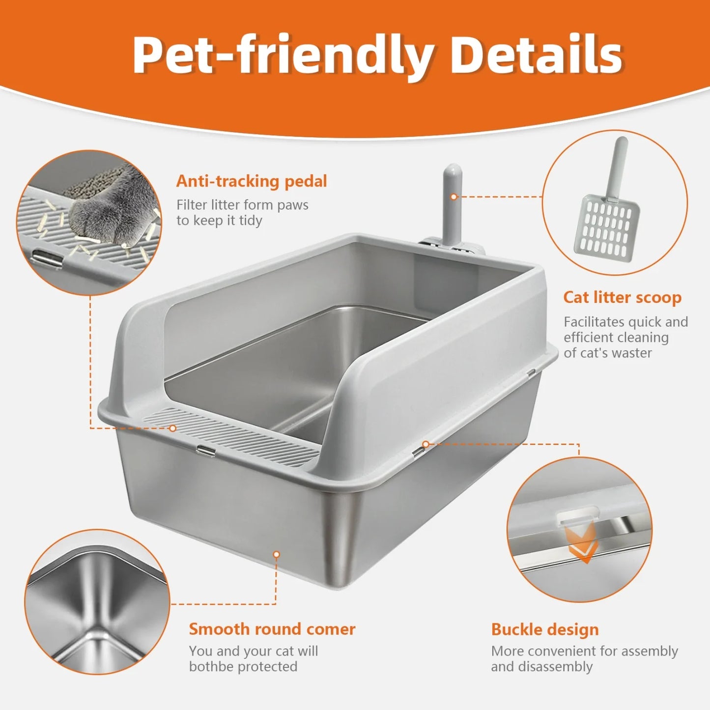 Large Stainless Steel Cat Litter Box High Sided With Spoon