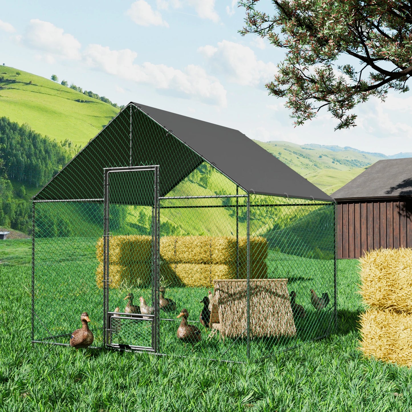 Heavy Duty Metal Chicken Coop with Cover and Nylon Netting