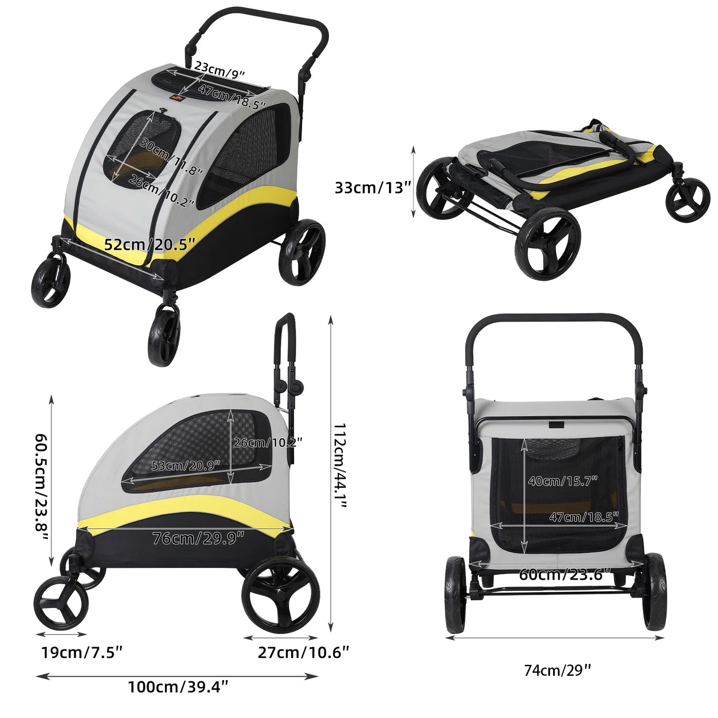 Heavy Duty Large Dog Stroller Buggy 4 Wheels Pet Jogger Pram Doggy Pushchair Brakes Foldable Travel Cart Carriage Zipper Entry