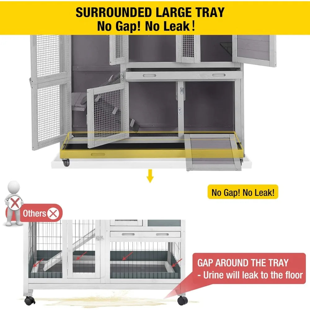 47" Two Story Rabbit Hutch Bunny Cage with Wheels, Indoor Outdoor Guinea Pig Cage with 2 Deep No Leak Tray