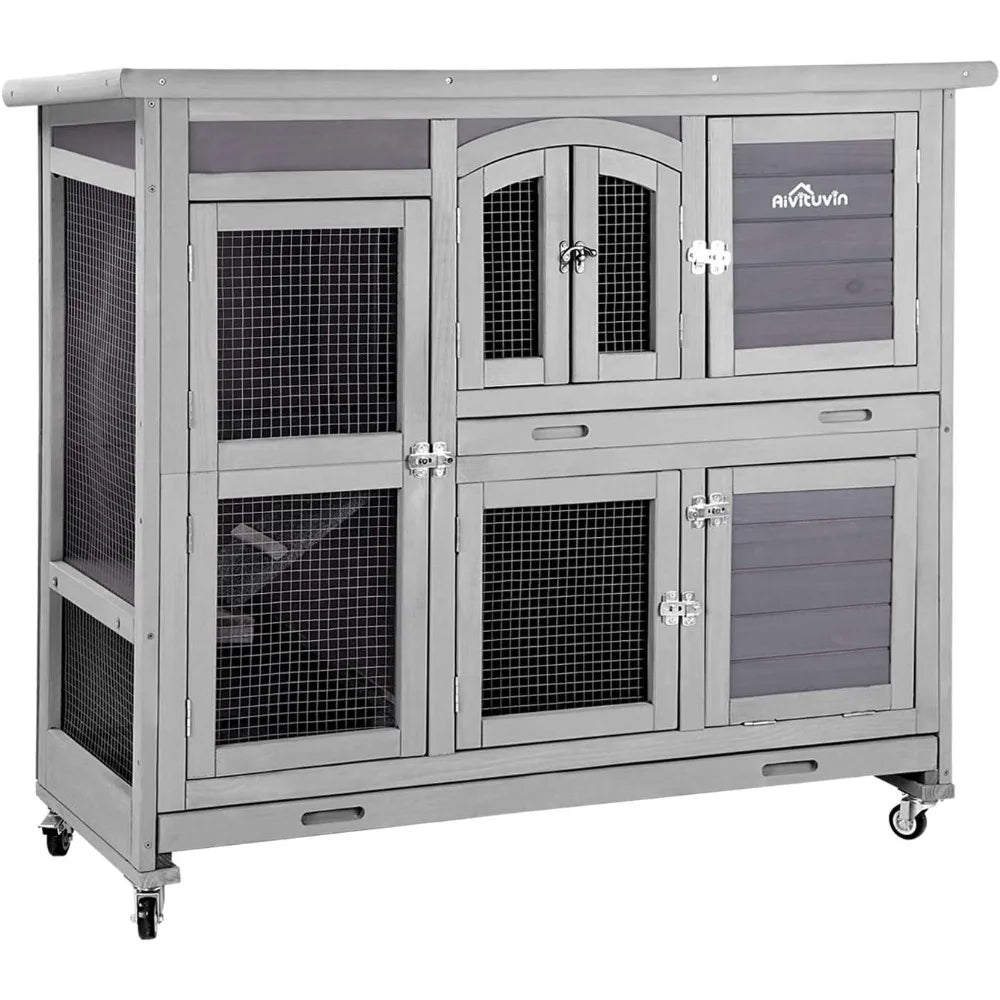 47" Two Story Rabbit Hutch Bunny Cage with Wheels, Indoor Outdoor Guinea Pig Cage with 2 Deep No Leak Tray