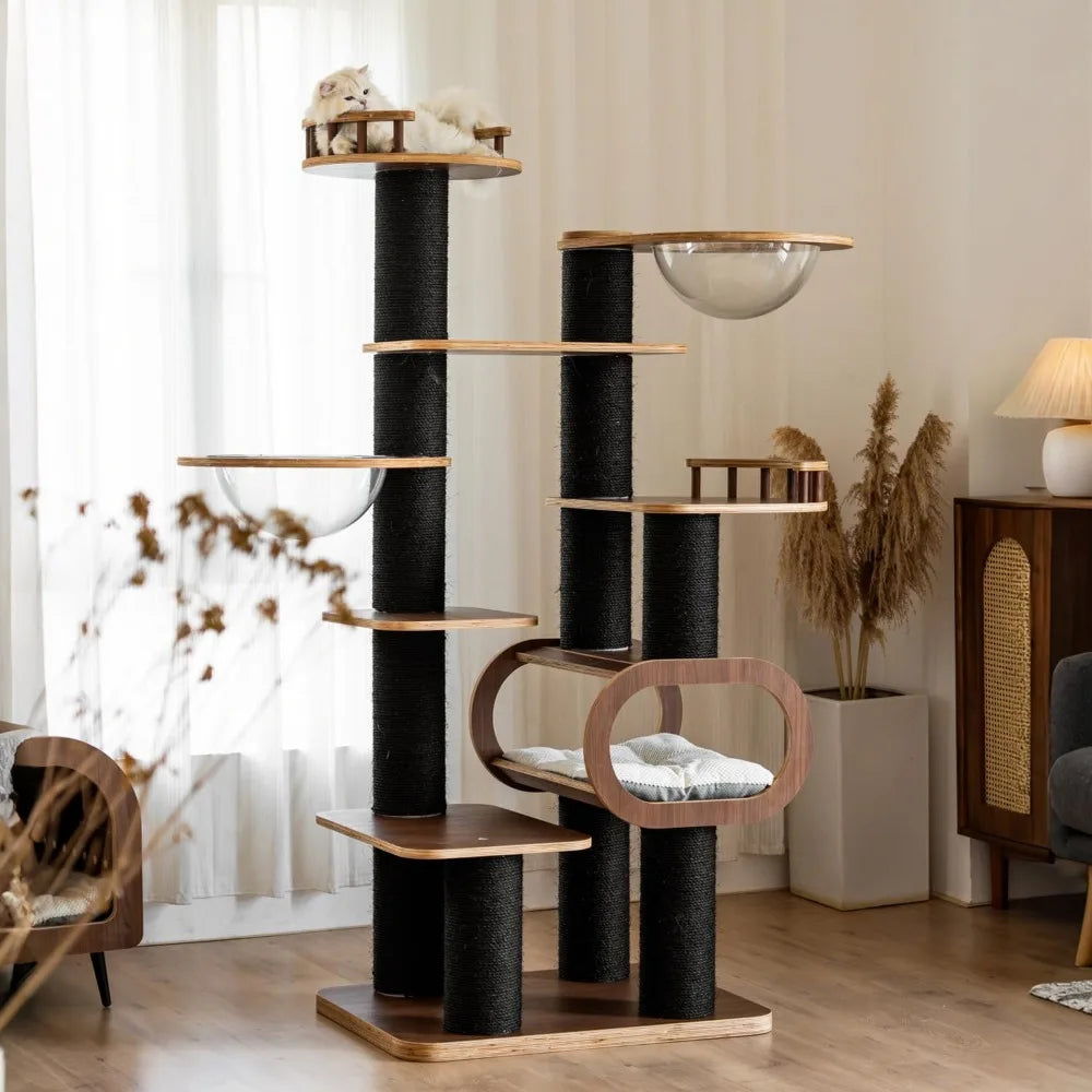 71'' Modern Black Cat Tree for Indoor, Tall Solid Wood Cat Tower for Home Decoration, Multi-Level Cat Tower with Transparent Bed