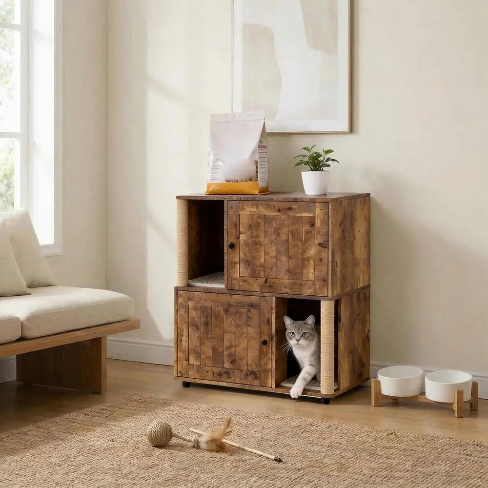 Dual Compartment Cat Litter Cabinet Odor Controlled