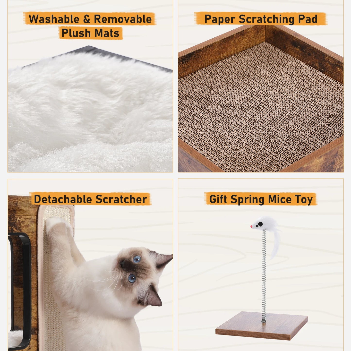 Wood Cat Condo House Bed With Soft Mats And Scratching Pad