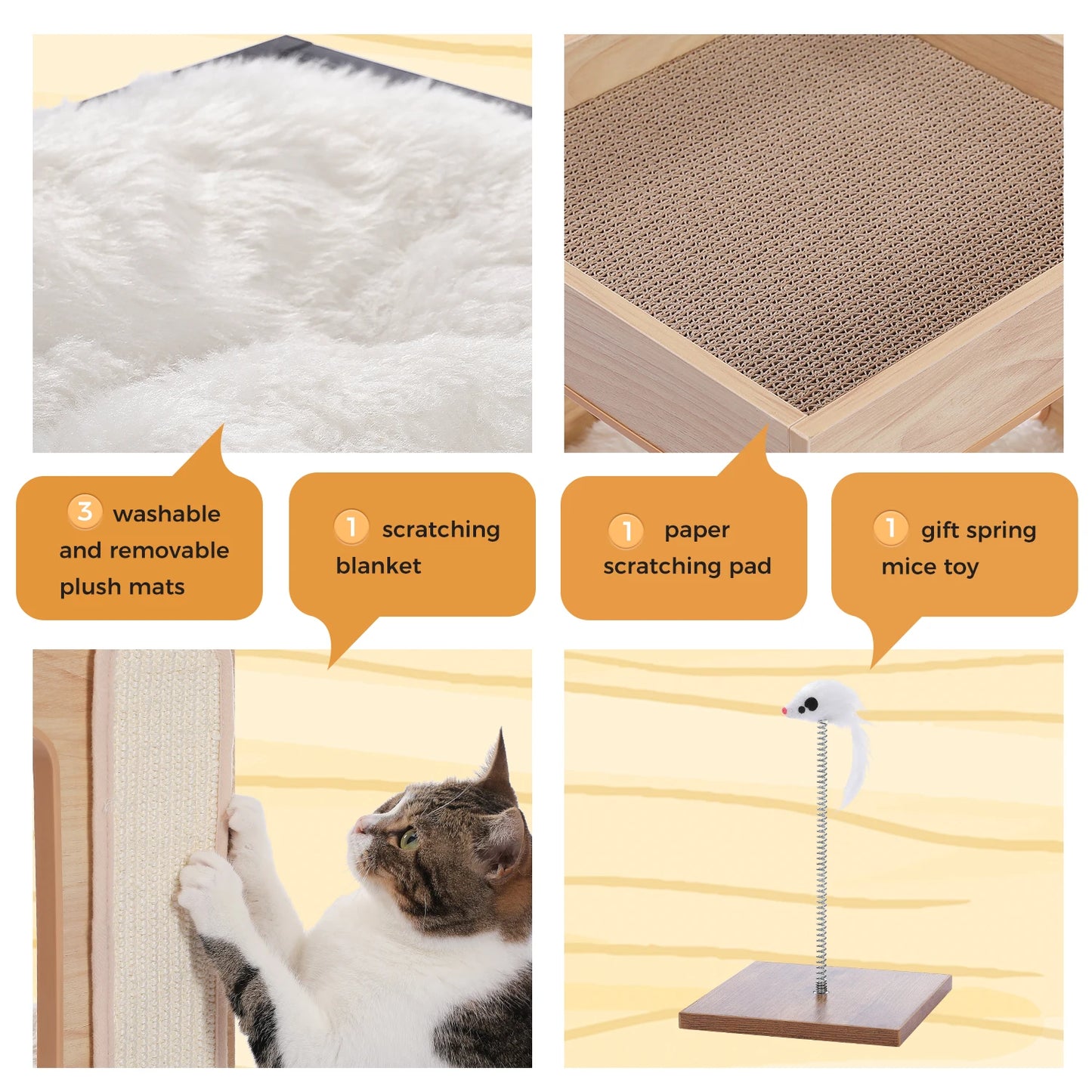 Wood Cat Condo House Bed With Soft Mats And Scratching Pad