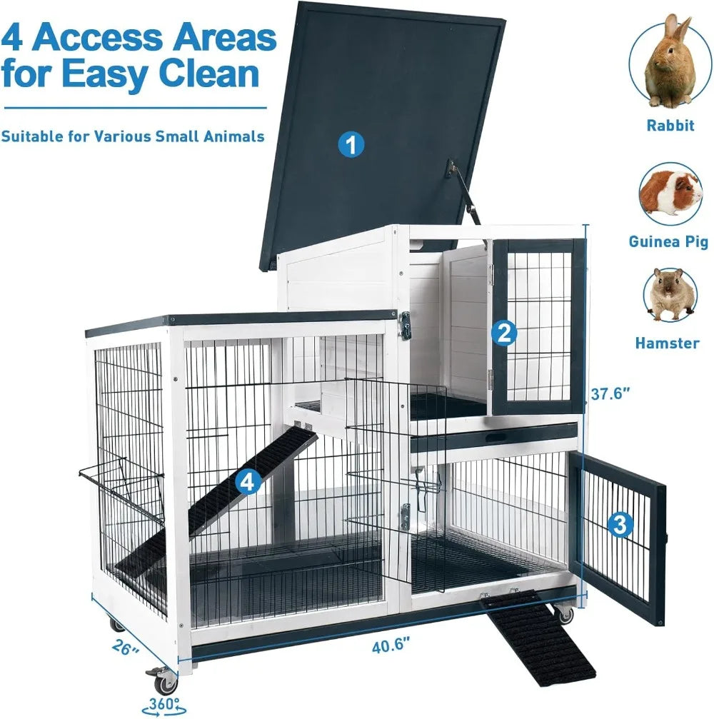 Rabbit Hutch Indoor Bunny Cage Outdoor with Urine Guards 2 Storey Mobile Guinea Pig Cage Wire Bottom 2 Trays