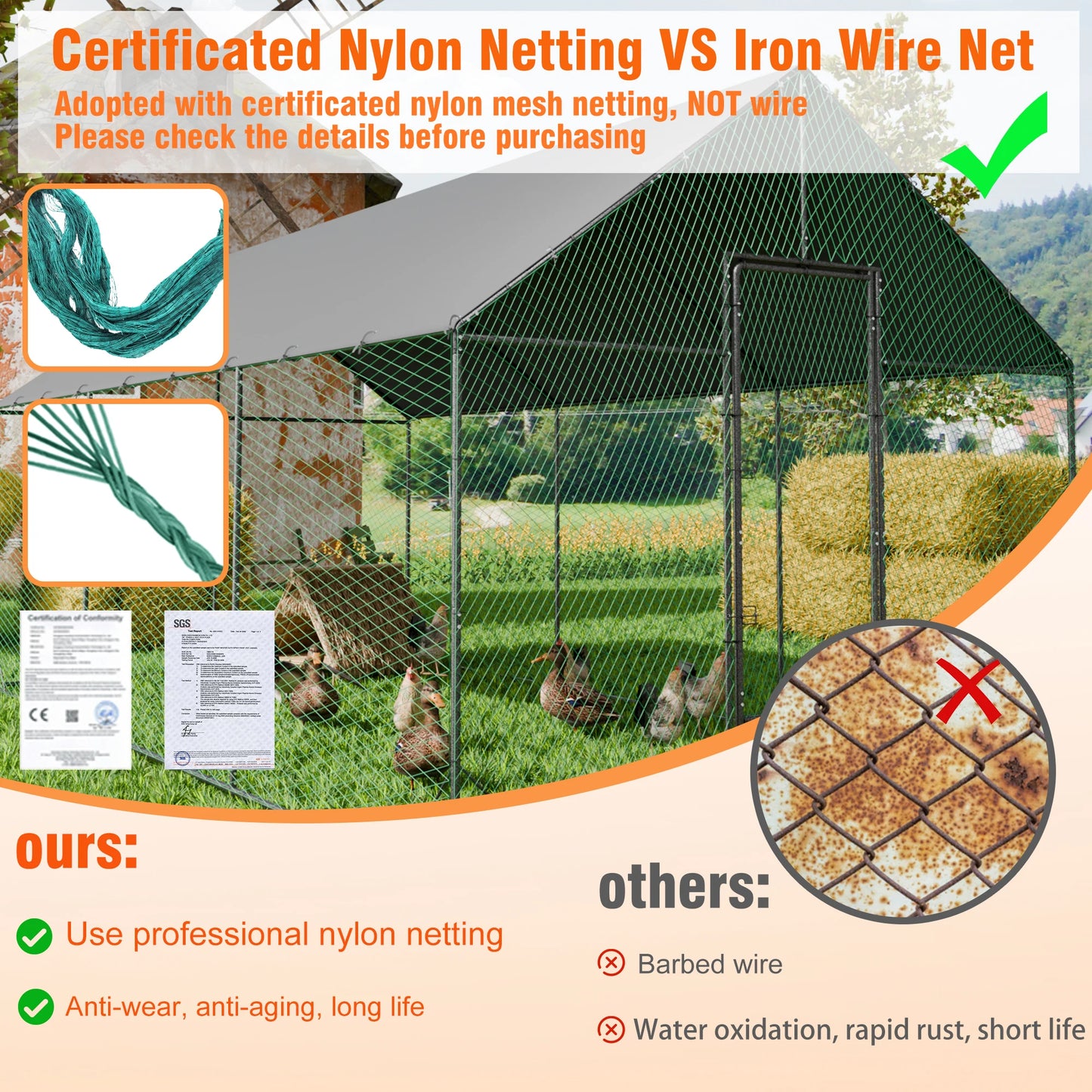 Heavy Duty Metal Chicken Coop with Cover and Nylon Netting