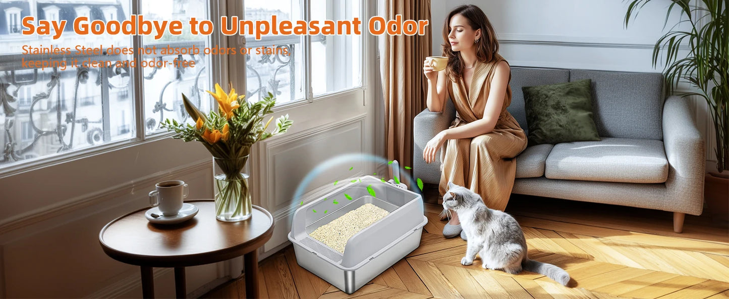 Large Stainless Steel Cat Litter Box High Sided With Spoon