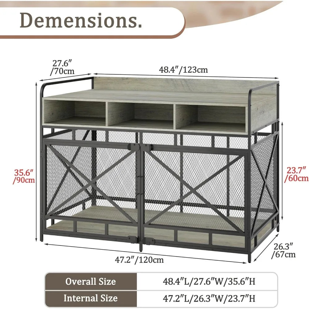 Wooden Dog Crate End Table,48 Inch Dog Kennel with Drawers,Heavy Duty Dog Cage,Decorative Pet Crate