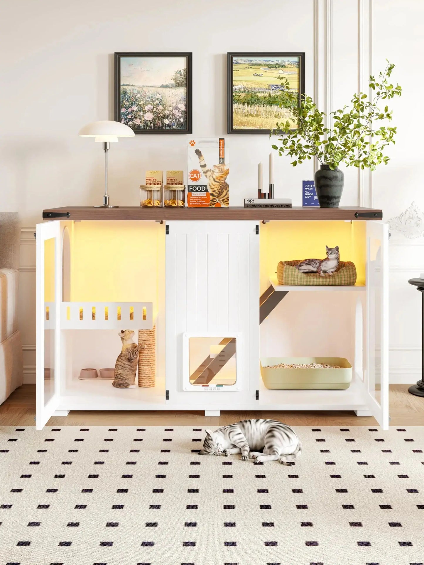 47.25 Inch Cat House Litter Box Enclosure With LED Light Scratch Pad And Stairs