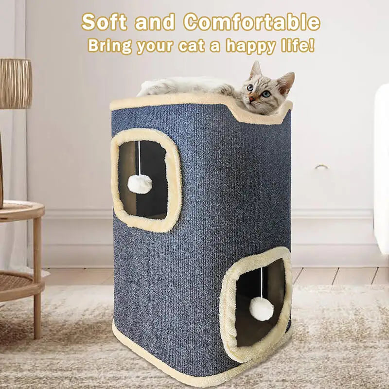 2 Layer Cat House with Toy Soft Indoor Cat Cave for Playtime