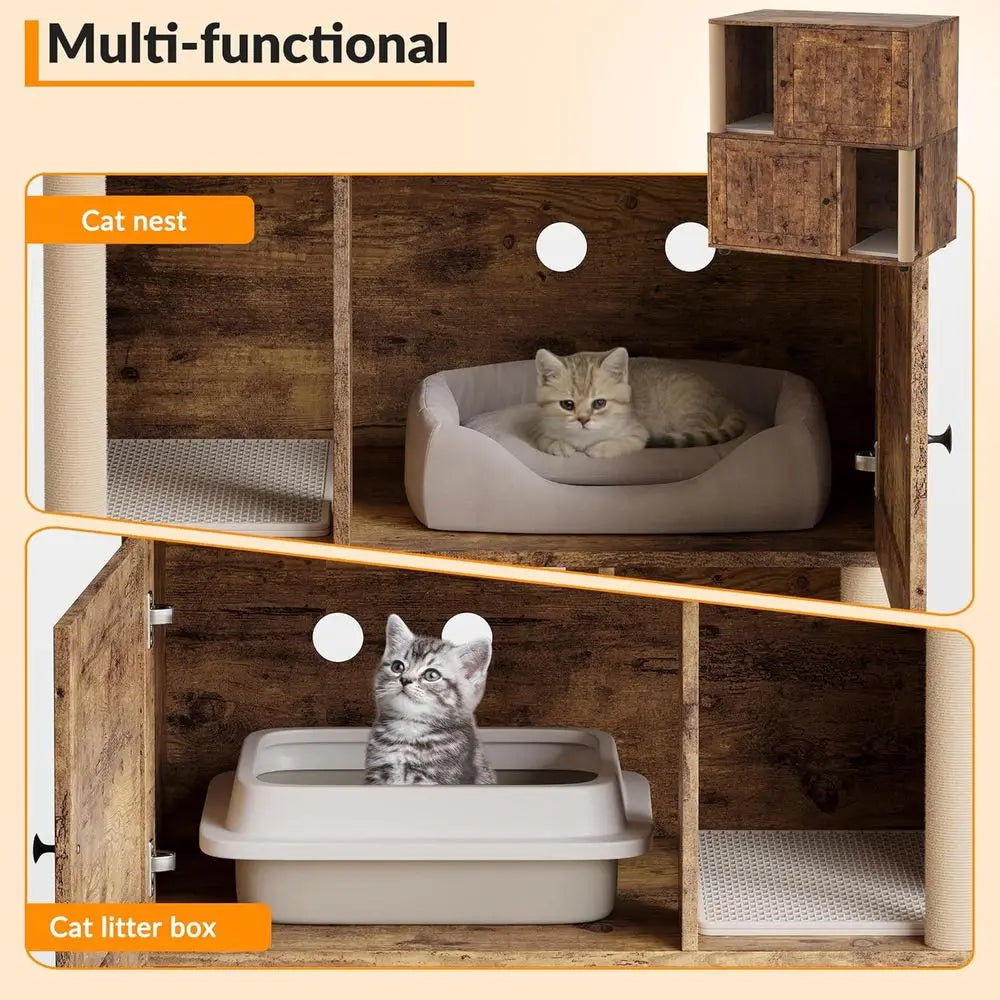 Dual Compartment Cat Litter Cabinet Odor Controlled